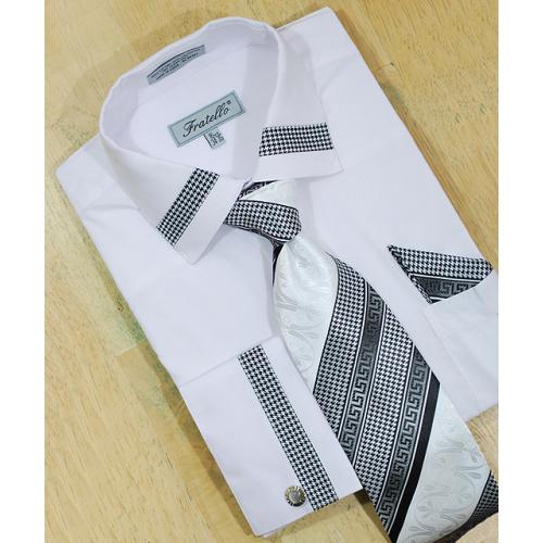 Fratello White With Black / White Custom Houndstooth Trimming Shirt/Tie/Hanky Set With Free Cuff links FRV4109P2